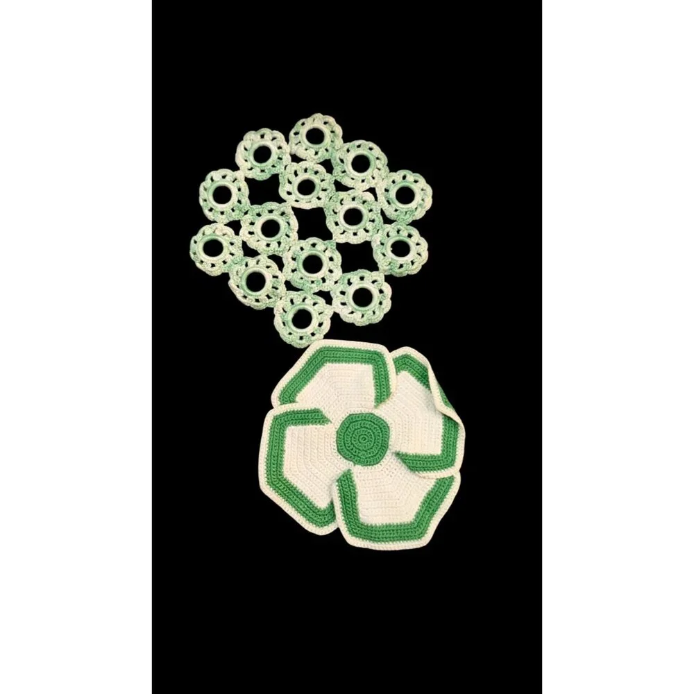 Green & White Vintage Crochet Doilies Handmade Floral Set Of 2 Two Sizes Pre-Own